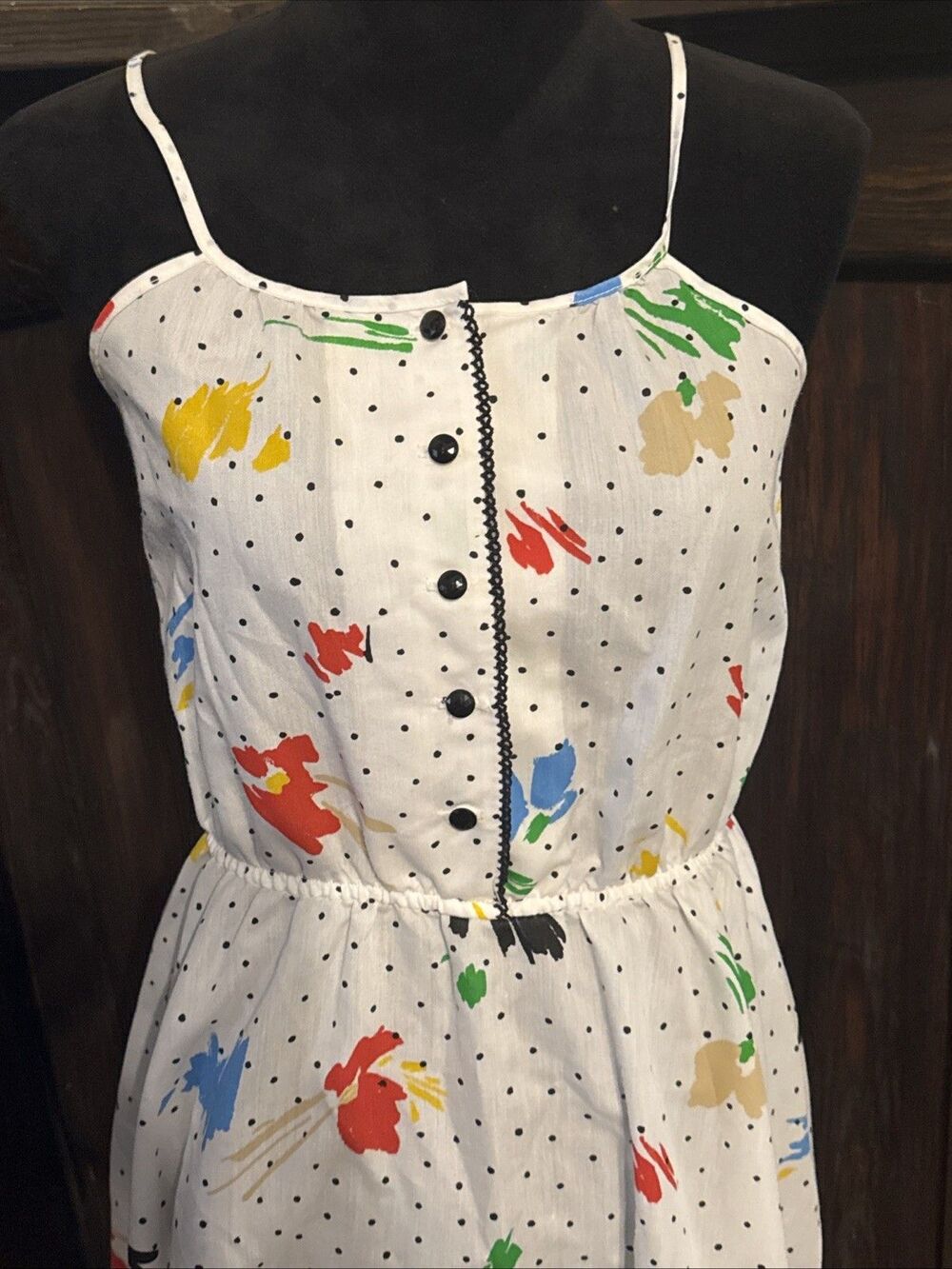 Vintage 80s Leslie Fay Sundress XS Polka Dot Abstract Art Print Made USA